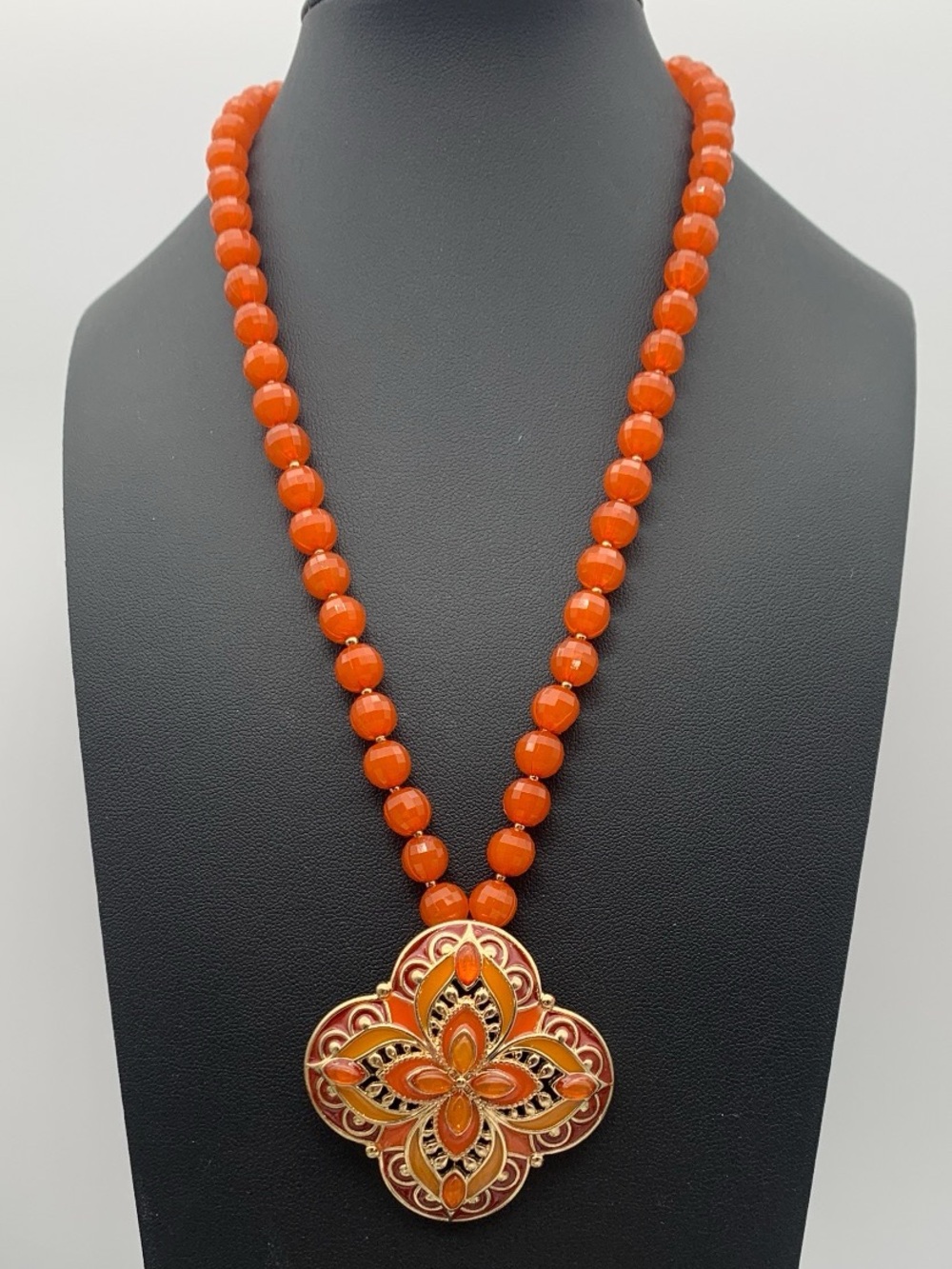 Orange faceted Beaded Pendant Necklace - Elegant Floral Medallion 18-20 inches